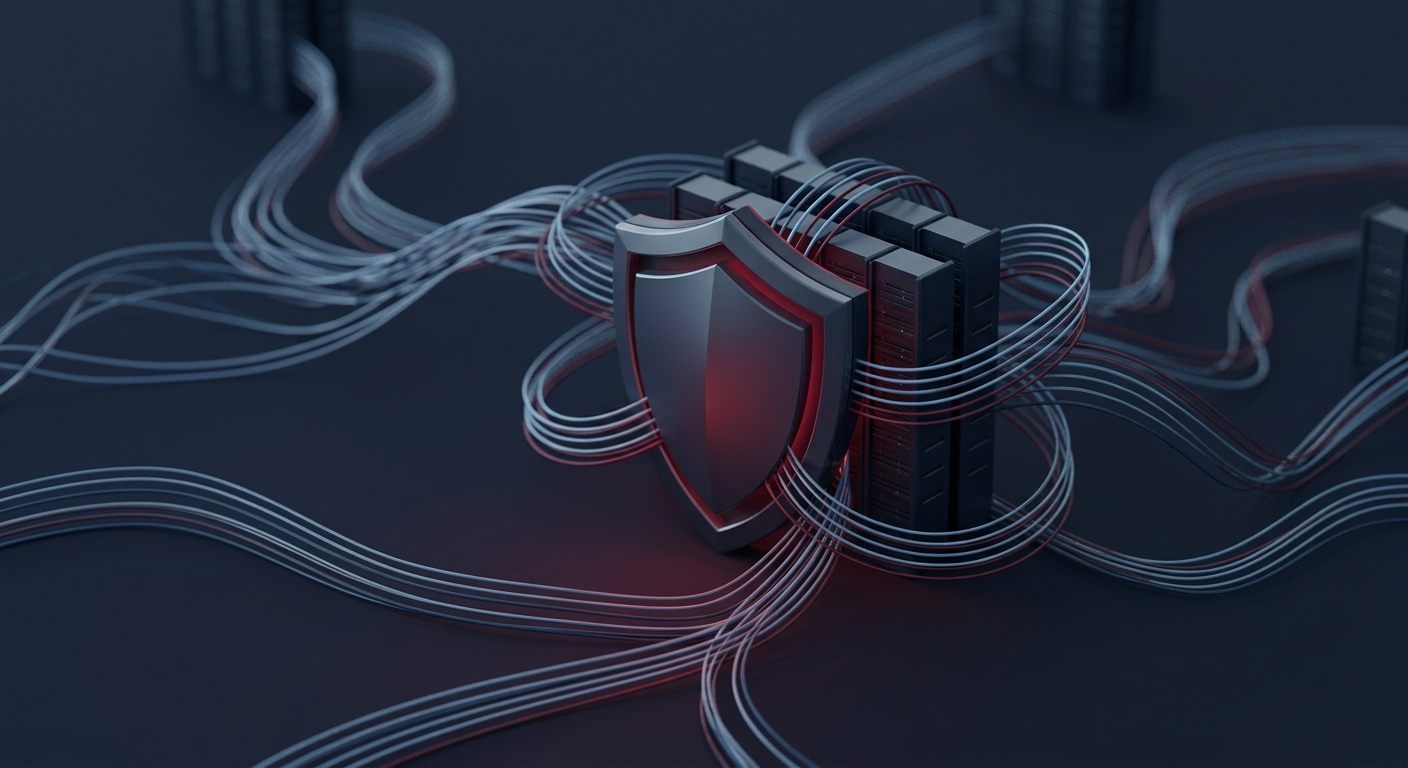 Abstract render of a security shield protecting cloud server infrastructure