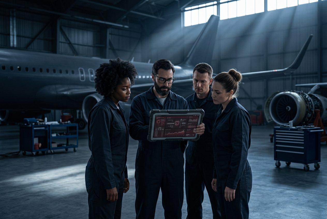 A maintenance team reviewing readiness data on a rugged tablet in an aircraft hangar